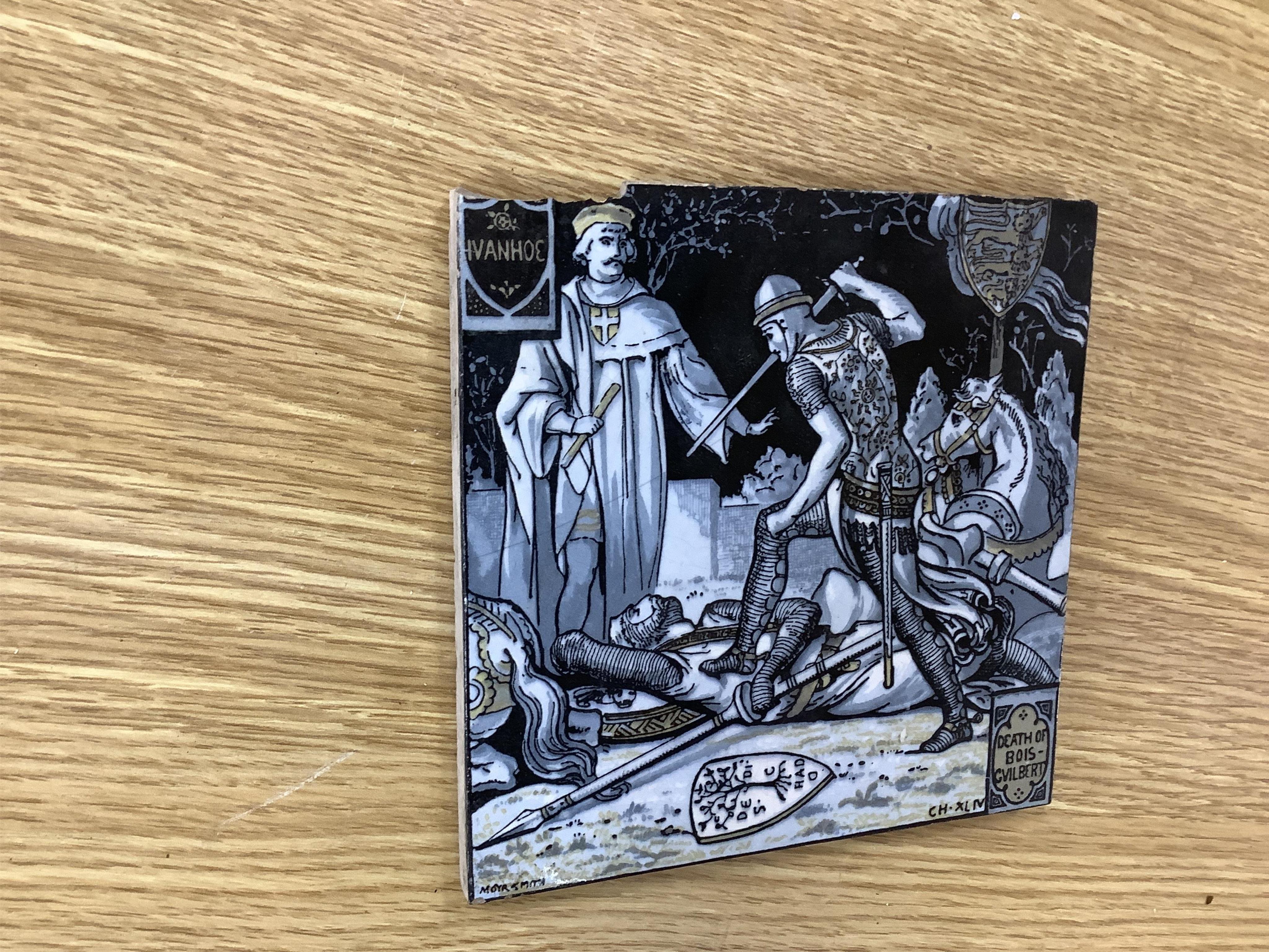 A set of four Minton tiles designed by John Moyr Smith (1839-1912), to include Nigel & King James and Sir Kenneth & the Dwarves, each 15 x 15cm. Condition -fair/good